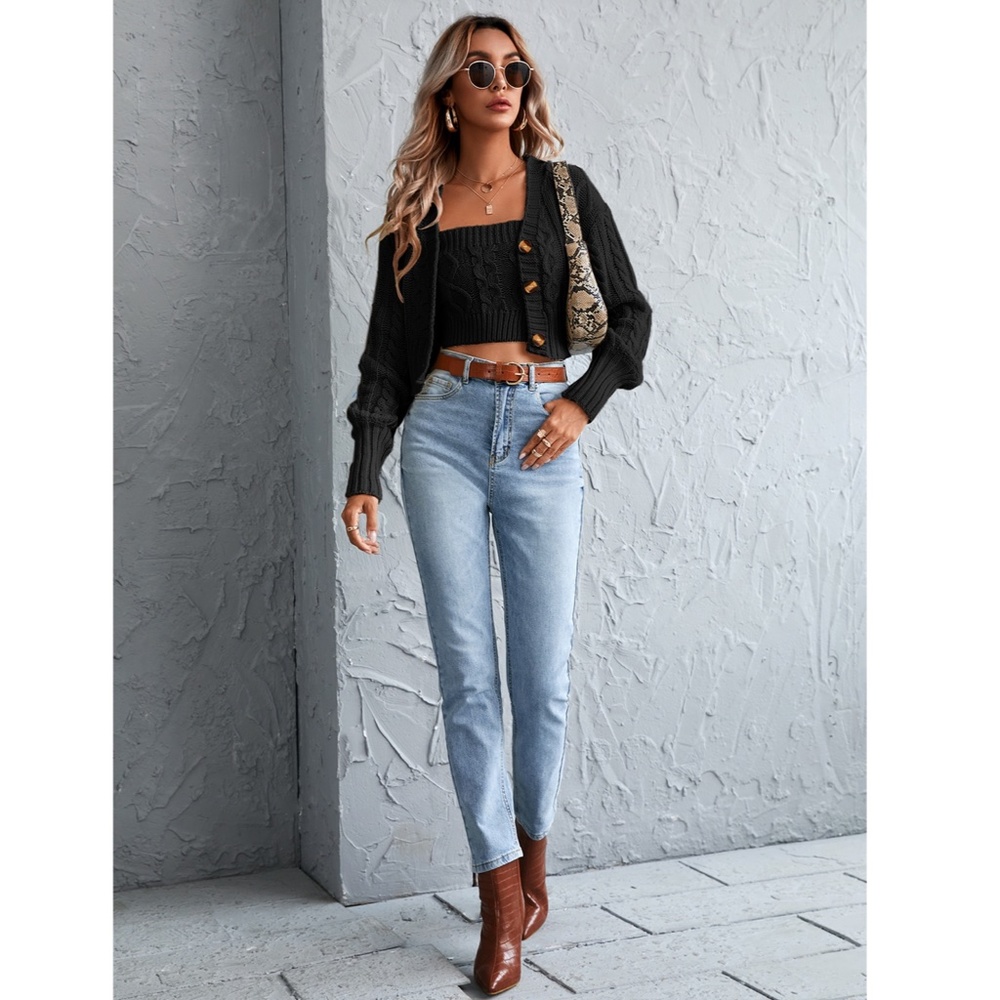2 Piece Knit Set: Black Tube Top & Cardigan - Picture 2 of 6